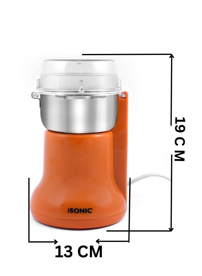 آي سونيك مطحنة قهوة 300 واط بكوب وشفرات من الفولاذ المقاوم للصدأ مع حماية من الحرارة الزائدة لطحن حبوب القهوة والتوابل والمكسرات، IG787، برتقالي - Image 3